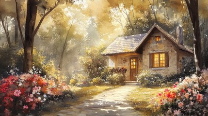 Charming cottage surrounded by vibrant flowers and sunlight in a serene forest setting.