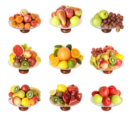 Wall Mural - Glass bowl with fresh different fruits isolated on white, collage