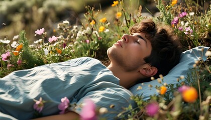 Wall Mural - serene young man resting amidst vibrant flowers in a tranquil natural landscape