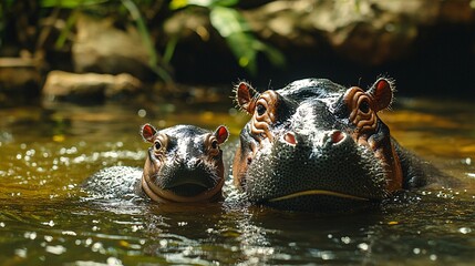 A dwarf hippo mother teaching her calf to swim in a shallow jungle pond