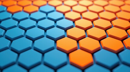 Colorful hexagonal pattern in blue and orange on a textured background.