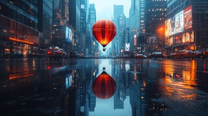 Colorful hot air balloon floating over a rainy city street, reflecting in puddles.