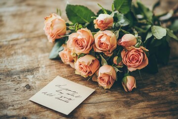 Aufkleber - A charming arrangement of pink roses accompanied by a heartfelt handwritten note rests on a rustic wooden table. Generative AI