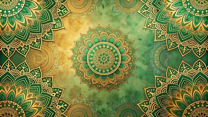 Wall Mural - Intricate Green and Gold Mandala Pattern with Geometric Shapes and Delicate Details