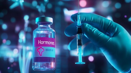 Fototapete - A gloved hand holds a syringe alongside a vial labeled Hormones in a dimly lit laboratory. The background features blurred lab equipment, creating a focused setting that emphasizes research.