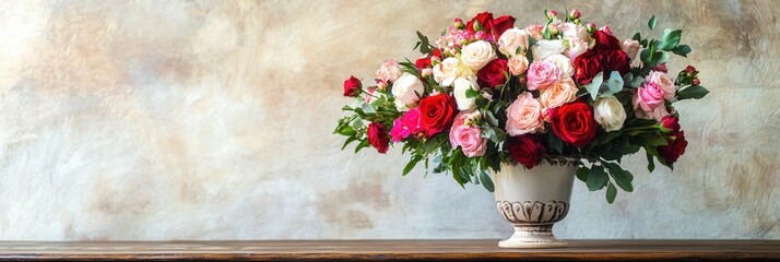 Poster - A stunning bouquet features vibrant roses and delicate carnations, elegantly arranged in a vintage vase atop an antique wooden table. Generative AI