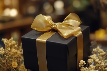 Wall Mural - Luxurious Black Gift Box with Elegant Golden Ribbon