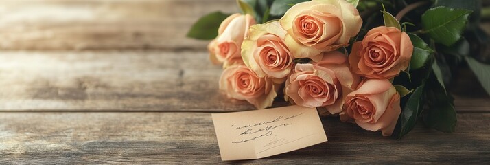 Aufkleber - A charming bouquet of soft pink roses sits on a rustic wooden table, accompanied by a handwritten note that adds a personal touch. Generative AI