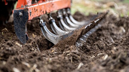 Wall Mural - A close-up of the blades on a disc harrow cutting through soil, preparing it for planting