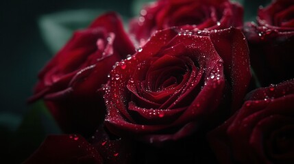 Aufkleber - The vibrant red roses shine beautifully, each petal glistening with delicate droplets, showcasing nature's elegance on a quiet day. Generative AI