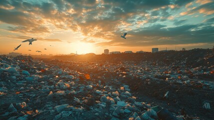 Sunset over a polluted landscape filled with garbage and plastic waste.