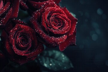Aufkleber - The deep red roses display their vibrant petals adorned with delicate water droplets, reflecting the beauty of fresh blooms. Generative AI