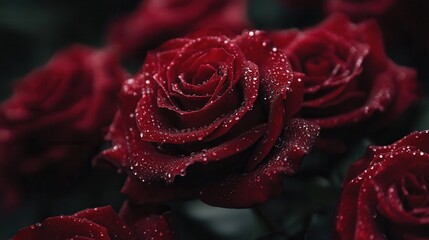 Aufkleber - The bouquet of vibrant deep red roses glistens with delicate water droplets, highlighting their natural beauty and freshness. Generative AI