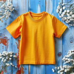 Poster - A bright yellow children's t-shirt placed on a colorful background