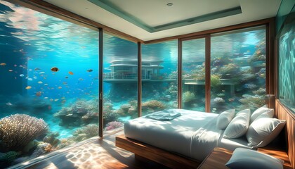 Wall Mural - Underwater hotel room offering breathtaking views of vibrant marine life in a stunning coral reef