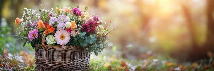 Poster - The vibrant bouquet of seasonal flowers in a wicker basket showcases a mix of colors, beautifully highlighted by the soft, natural light. Generative AI