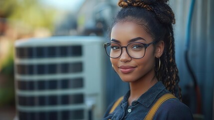 young female mechanic working diligently on an air conditioner outdoors dressed in professional attire surrounded by tools and equipment radiating confidence and empowerment in her craft