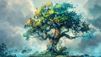 Wall Mural - Oak fantasy tree Watercolor