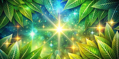 A vibrant tapestry of green leaves frames a luminous, celestial sky filled with twinkling stars and a radiant sunburst.