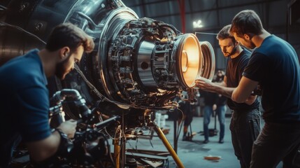 Skilled technicians inspect the interior of a jet engine in a well-lit workshop. Tools and equipment are scattered around as they carefully analyze components and perform maintenance tasks.