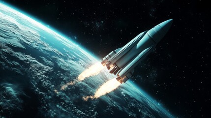 Fototapete - A large, white spacecraft with two large engines is in the process of launching into space. The spacecraft is leaving the atmosphere of Earth, which is a blue and green sphere in the background