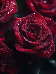Aufkleber - The close-up showcases beautiful deep red roses, each illuminated by glistening water droplets, adding a touch of freshness and elegance. Generative AI