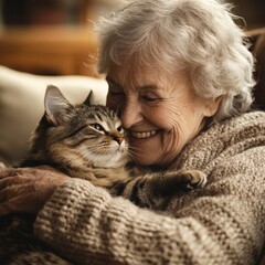 A close-up of an elderly woman smiling as she enjoys the calming effect of animal therapy with a cat in her lap