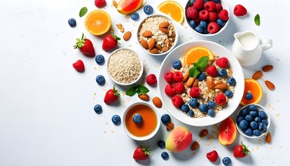 Wall Mural - colorful morning flat lay showcasing healthy food, granola, and fresh fruits on a bright white tabletop