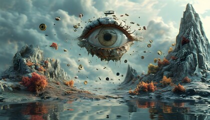 Surreal dreamscape with floating eyes, melting clocks, and fragmented landscapes in vibrant high-quality clarity