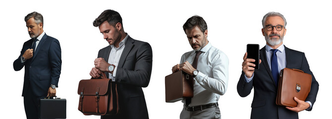 Poster - set of professional businessmen in suits with briefcases and gadgets on transparent background png