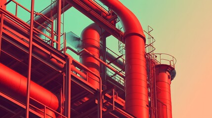 A close up of a yellow and orange industrial pipe system. The pipes are yellow and orange and are connected to each other. Concept of industrialization and complexity