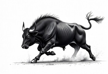 Canvas Print - Powerful Black Bull Charging Forward on White Background