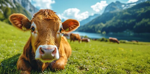 Wall Mural - Close Up of Brown Cow in Green Meadow with Mountain Background