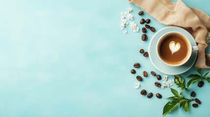 Leinwandbilder - Experience a delightful morning moment featuring aromatic coffee alongside a heartfelt good morning wish on a calming light blue surface. Generative AI