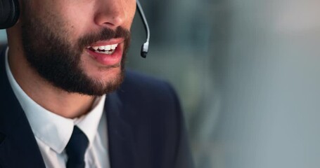 Poster - Business, man and talking in call centre with microphone, legal representative and advice for attorney counsel. Customer care, discussion and answer faq with help desk, support and agent mouth