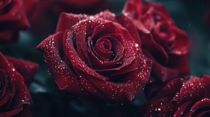 Aufkleber - A vivid collection of deep red roses glistens with delicate water droplets, capturing the essence of nature's elegance in the garden. Generative AI