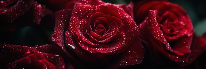 Aufkleber - Deep red roses are highlighted by delicate water droplets, showcasing their velvety petals and vibrant colors in a serene garden atmosphere. Generative AI