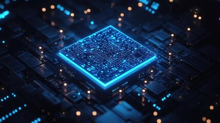 A blue square with an electronic circuit computer chips in futuristics concept video footage.