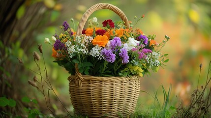 Seasonal flowers in various colors are beautifully arranged in a wicker basket, enhancing the serene outdoor setting. Generative AI