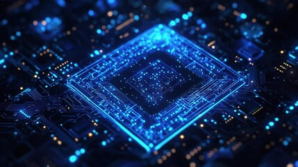 A blue square with an electronic circuit computer chips in futuristics concept video footage.