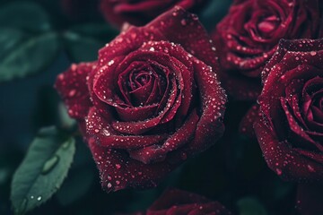 Aufkleber - A bouquet of rich red roses showcases the beauty of nature, with each petal glistening from gentle droplets of morning dew. Generative AI