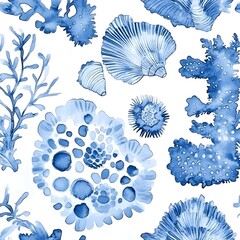 Wall Mural - Watercolor Blue Sea Life Pattern