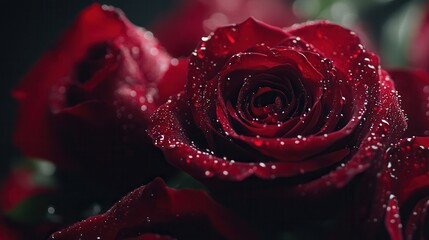 Aufkleber - A stunning bouquet of deep red roses, each petal sparkling from delicate water droplets, creates a romantic atmosphere. Generative AI