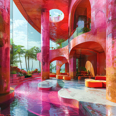 Wall Mural - A pink building with a pink pool and a pink wall