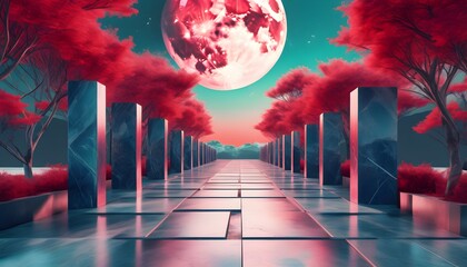 Futuristic landscape under moonlight featuring red trees and a stone pathway