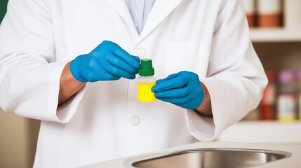 Laboratory Experiment two hands holding a cube with gloves, with Colorful Solutions