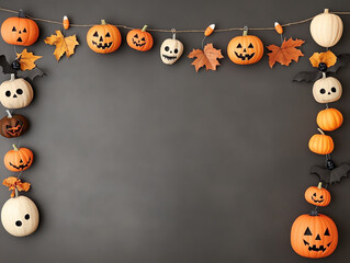 Decorative Halloween pumpkins and leaves on a dark background.