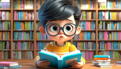 Wall Mural - Whimsical 3D Cartoon Character Enjoying a Cozy Moment in a Vibrant Library