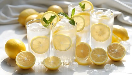 Wall Mural - Crisp Lemonade Burst: Chilled Ice Drink Infused with Fresh Lemon Slices