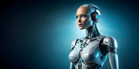 Female android standing on a solid background with space for text , female, android, robot, futuristic